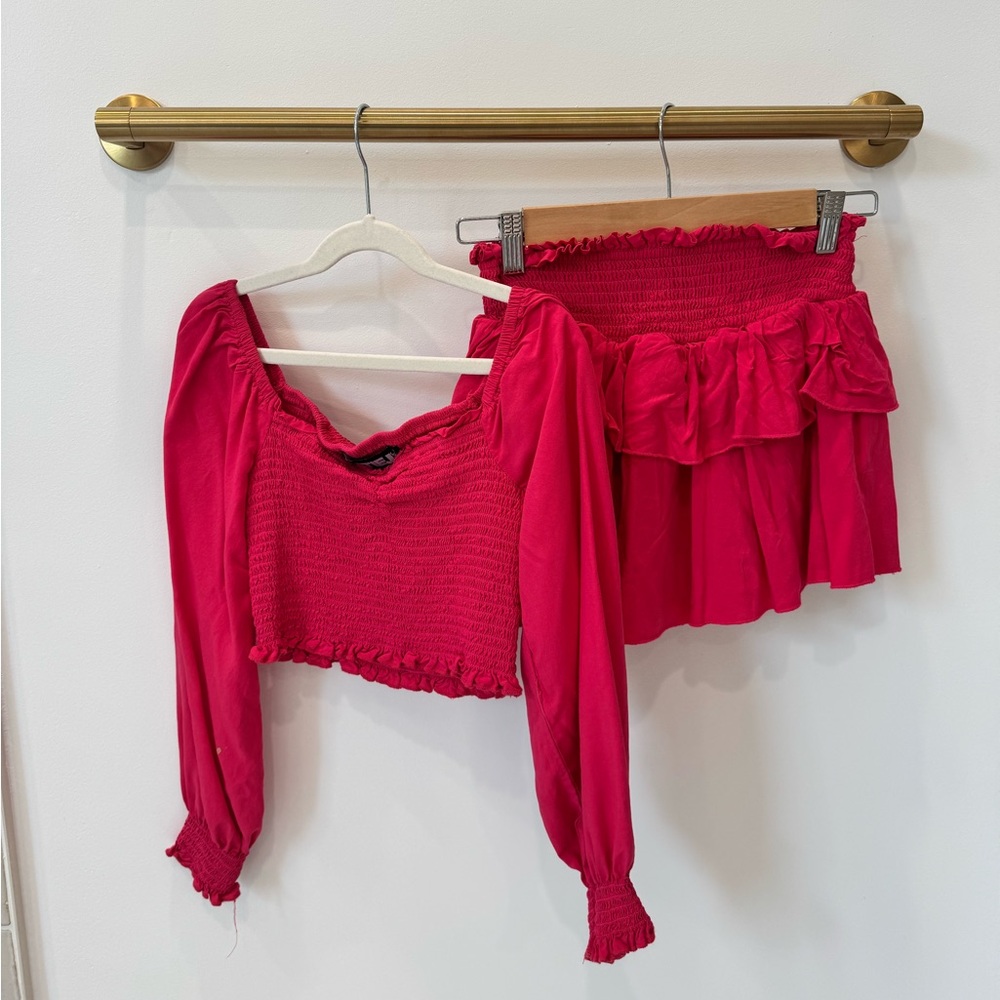 KatieJ NYC Chloe Top & Brooke Skirt Set | Hot Pink Smocked 2-Piece | XL (14)